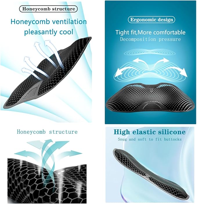 Silicone Seat,Car Chair Back Cushion,Cooling seat Cushion Thick Big Breathable Honeycomb Design Absorbs Pressure Points Seat Cushion with Non-Slip Cover Gel Cushion for Office Chair Home Car seat