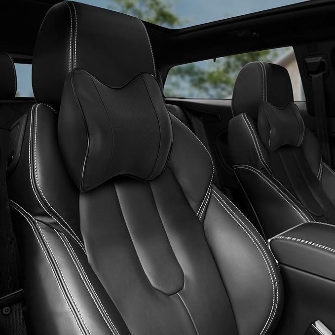 2 Pack Car Neck Pillow, Softness Leather Car Headrest Pillow, 100% Memory Foam and Breathable Removable Cover, Neck Support Head Pillow for Ergonomic Design (Black)
