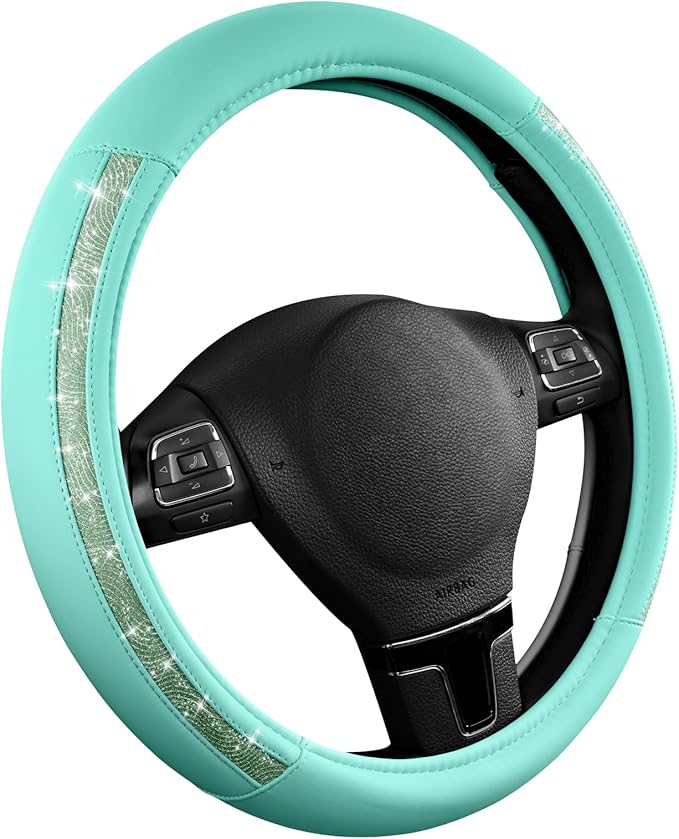 Road Comforts Steering Wheel Cover, Glitter Bling Leather Wheel Cover, Universal Fit 14.5"-15.5" Steering Wheels for Women & Girls, Anti-Slip Car Wheel Protector for Cars, Trucks, Vans, SUVs-Mint