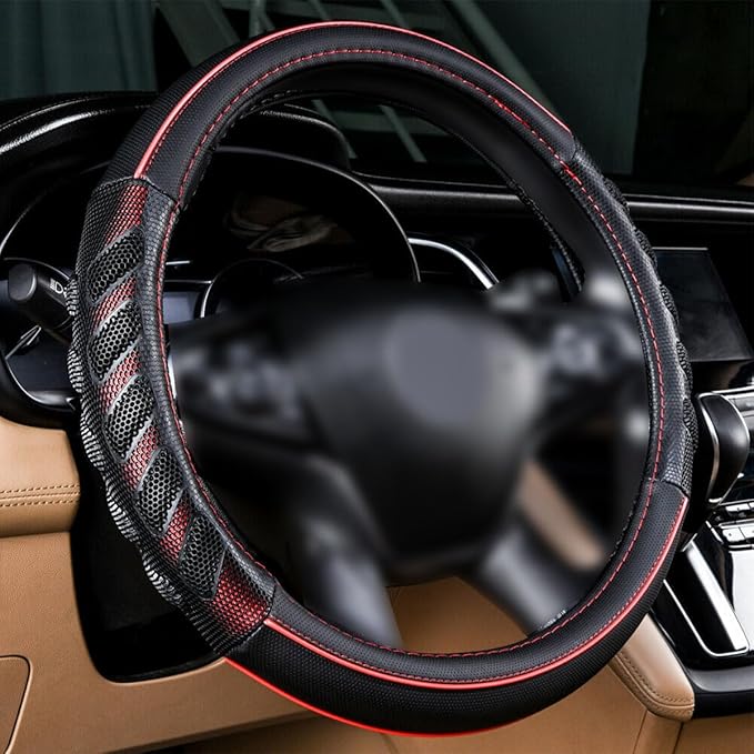 Flying Banner car Steering Wheel Cover Faux Leather Massage Universal fit 3D Honeycomb Hole Anti-Slip Sporty 15 Inches (Red Black)