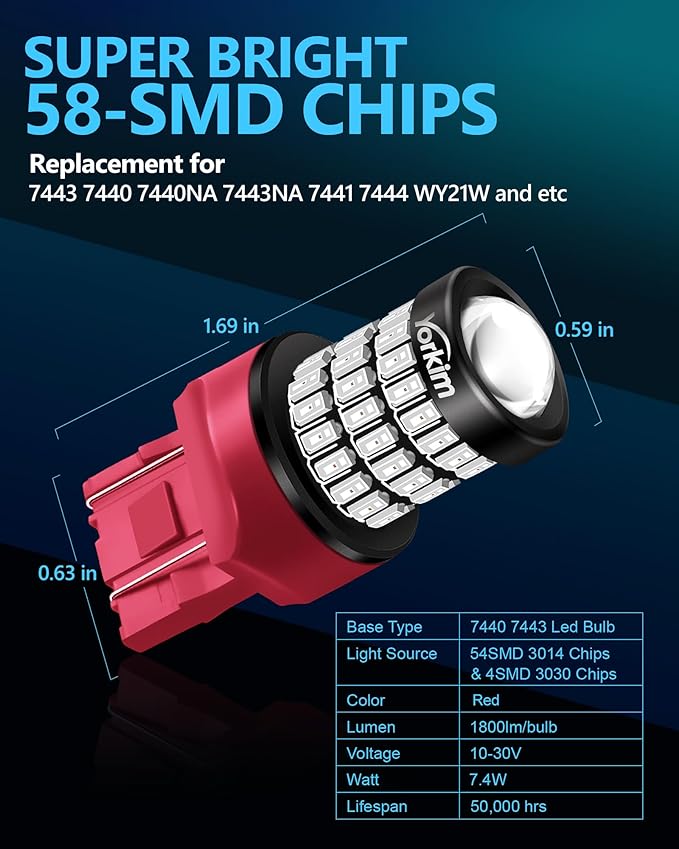 Yorkim 7440 LED Bulb Red 7443 led brake lights bulb with Projector 7441 7444 W21W T20 led bulb Replacement Lamp for brake lights tail lights turn signal lights, pack of 4