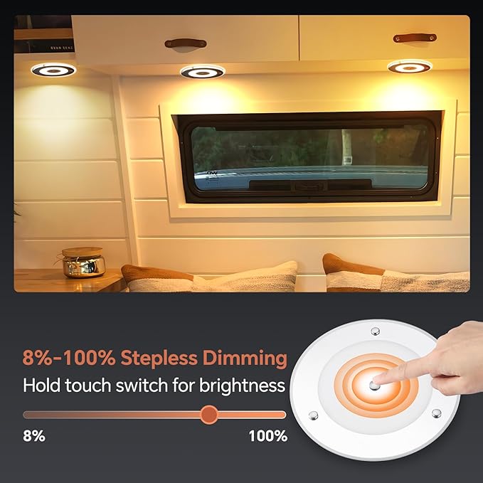 7.3 Inch 12 Volt LED Ceiling Dome Light, 720LM Dimmable Interior Light for RV Boat Camper Van Caravan Truck Motorhome Interior Lighting, Blue Light & Touch Switch(Warm White)