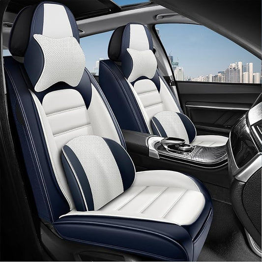2 Car Seat Covers for Audi A4 2002-2026 Breathable Leather,Waterproof Car Seat Protectors with Comfort Headrest Pillows,Automotive Vehicle Cushion with Storage Pockets (Luxury,Blue)