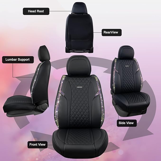 CAR PASS Iridescent Diamond &NAPPA Calfskin Leather Cushioned,Bling Seat Covers,Waterproof Heavy-Duty Anti-Slip,Universal Fit for Auto SUV Sedan,Sparkly Glitter Shining Rhinestone Full Set, Multicolor