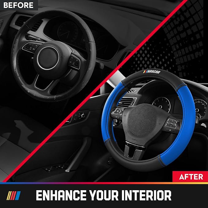 NASCAR Steering Wheel Cover, Two-Tone Blue Leather Patchwork, Universal Fit 14.5"-15.5" Steering Covers for Cars, Anti-Slip, Soft Grip, Odor-Free, Trucks & SUVs, Racing Style Interior Upgrade