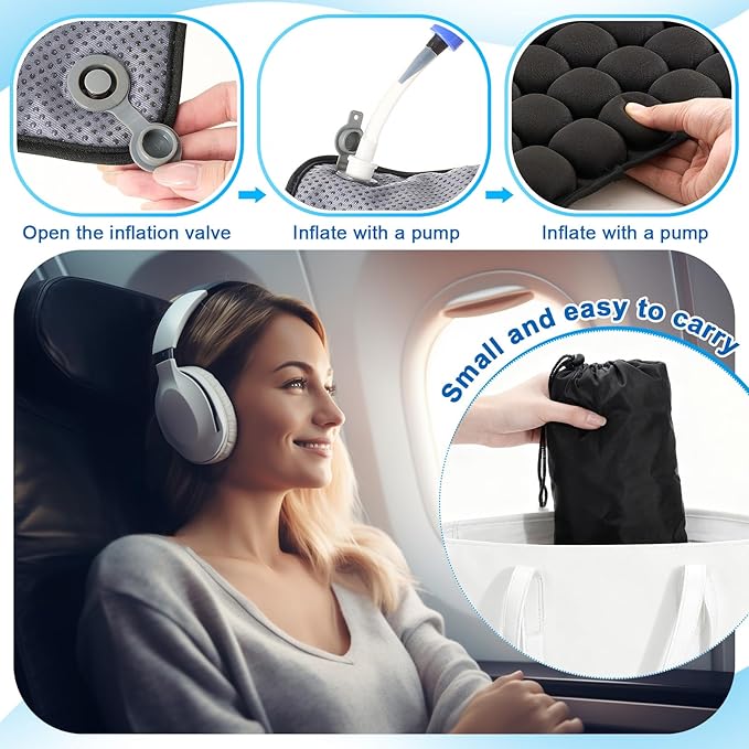 2 Pcs Travel Cushion for Airplane Seat, Inflatable Airplane Seat Cushion for Long Flights 64 Bubbles Portable 3D Air with Storage Bag Pressure Relief Ergonomic for Office, Car, Stadium