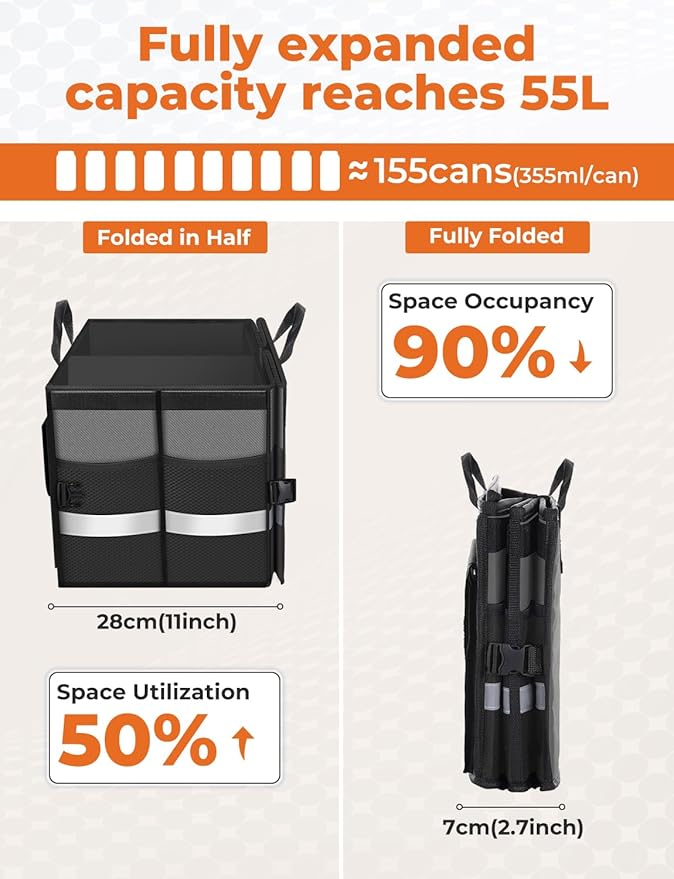 Oasser Car Trunk Organizer Collapsible Multi Compartments SUV Trunk Organizer with Reflective Strip Foldable Cover (Standard, Grey)