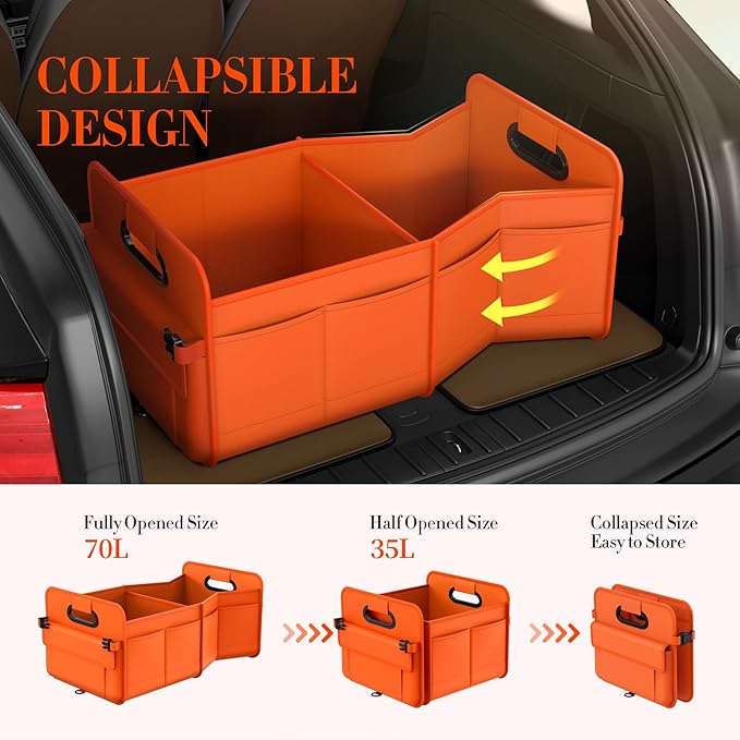 Trunk Organizer For Suv & Sedan,Car Organizers and Storage, Waterproof Collapsible & Adjustable Straps,70L Sturdy Car Organization for Car Accessories, Tools,Sundries,2-3Compartment（Orange