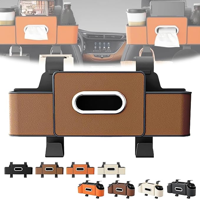 3-in-1 Car Backseat Organizer–Keep Your Ride Clean Organized, Car Organizers and Storage Box Behind Seat, Multifunctional Hanging Cars Organizer and Storage Box with Cup Holder & Tissue Boxs (Brown)
