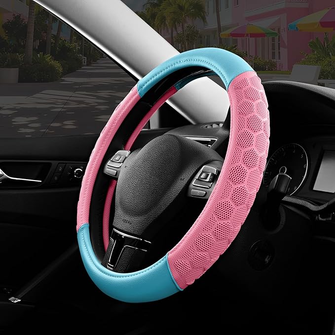 PIC AUTO Massage Steering Wheel Cover, Pink Football Pattern Material Spliced & Light Blue Leather Car Steering Wheel Cover, Car Steering Cover, Universal Fit 14.5"-15.5" for Cars, Trucks, Van, SUVs