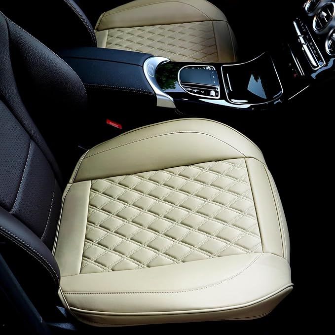 Cusaota 2 Piece Car Seat Covers Protectors for Front Seat Bottoms, Luxury PU Leather Car Interior Seat Cushion Pad Mat, Compatible with 90% Vehicles (Sedan SUV Truck Jeep) (Beige-2PCS)