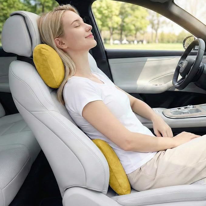 2PCS Car Pillow for Car Neck Pillow for Driving Seat Lumbar Support Soft Cushion with Extra Filling Accessories Back Support for Travel Nap and Trips Sleeping (Golden, Head and Lumbar)