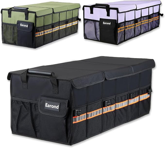 Car Trunk Organizer with Lid,Collapsible Car Storage Organizer with Multi Compartments and Securing Straps for SUV,Sedan,Jeep-Black