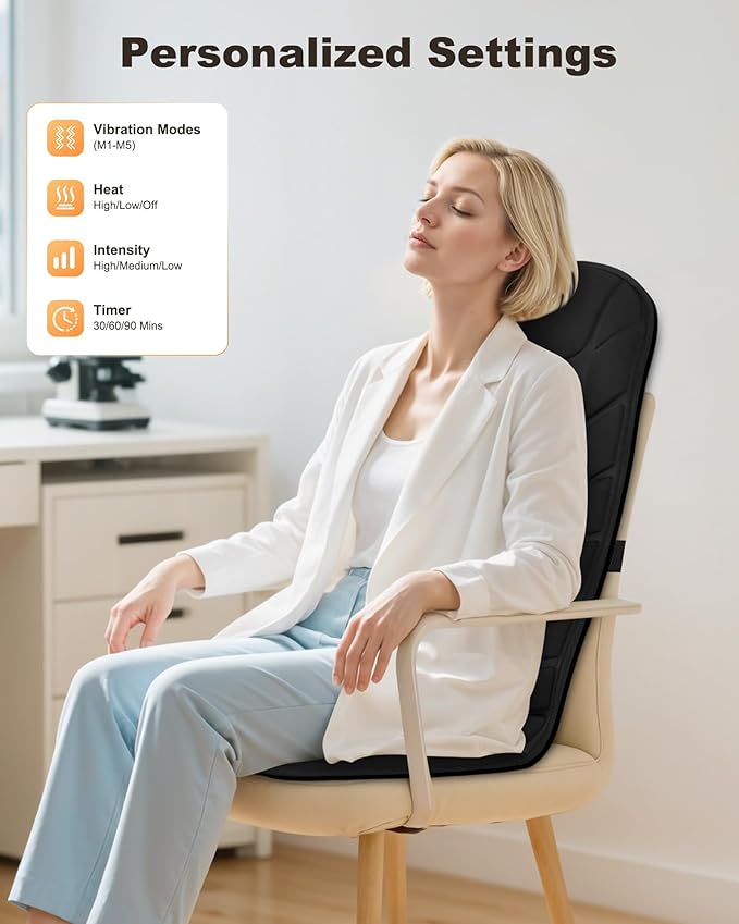 Snailax Back Massager with Heat, Massage Seat Cushion with 10 Motors, Massage Chair Pad for Home Office Use, 5 Modes & 3 Intensity Levels, 2 Heat Settings with 30-60-90 Mins Timer, Gifts for Him Her