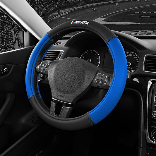 NASCAR Steering Wheel Cover, Two-Tone Blue Leather Patchwork, Universal Fit 14.5"-15.5" Steering Covers for Cars, Anti-Slip, Soft Grip, Odor-Free, Trucks & SUVs, Racing Style Interior Upgrade