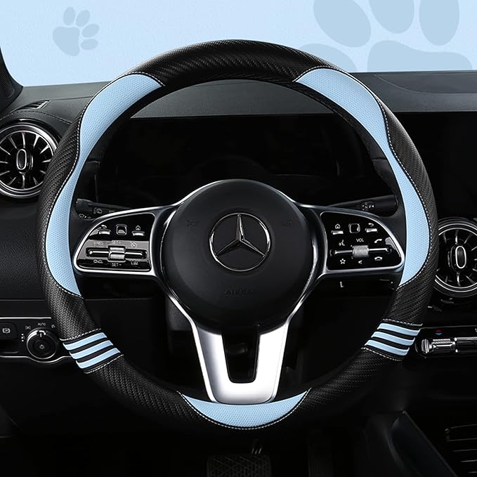 Car Steering Wheel Covers for Women Girl Padded Carbon Fiber PU Leather Cute Cartoon Auto Interior Accessories for Jeep, Truck, Universal, Anti Slip, Blue, Large Size, 15.2-16in