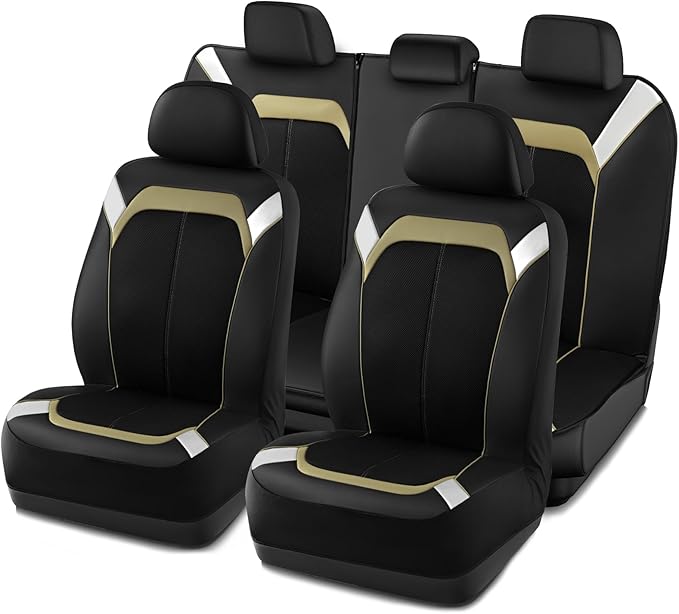 PIC AUTO Car Seat Cover – Silver & Beige Leather with Breathable Mesh Seat Cover for Cars, Stylish Two-Tone Leather Full Set Seat Covers, Universal Fit, Durable for SUV, Truck, Sedan, Vehicles