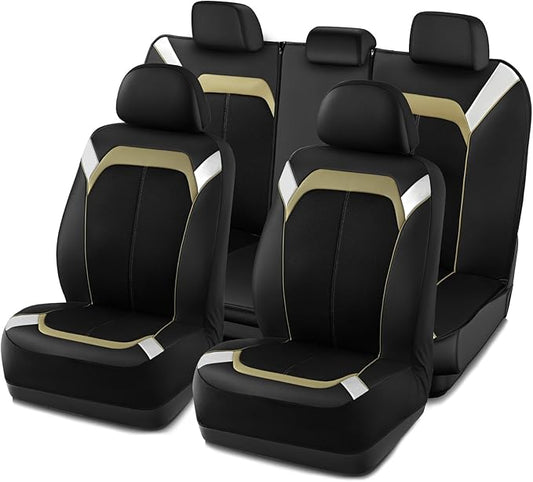 PIC AUTO Car Seat Cover – Silver & Beige Leather with Breathable Mesh Seat Cover for Cars, Stylish Two-Tone Leather Full Set Seat Covers, Universal Fit, Durable for SUV, Truck, Sedan, Vehicles