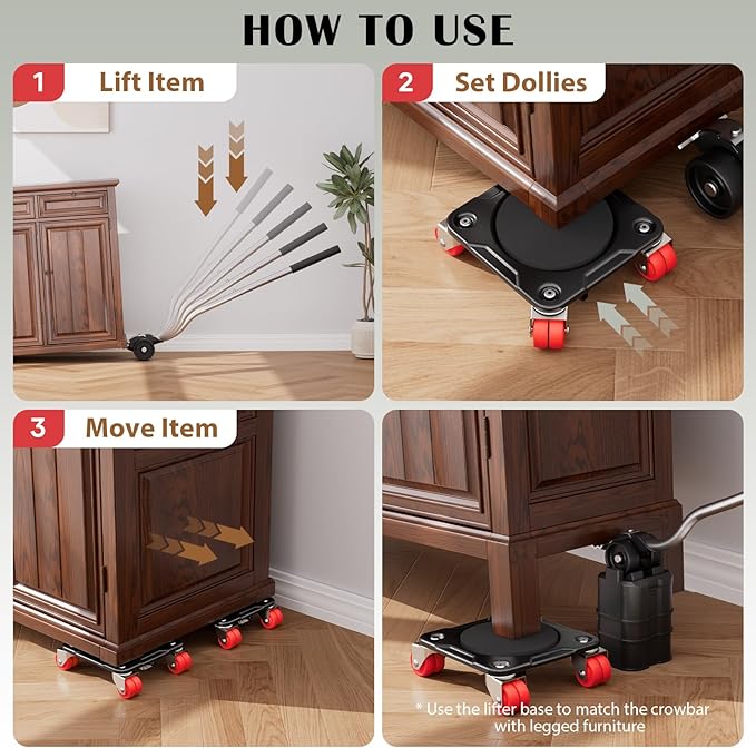 ONEON Furniture Mover Ultra with 8 Wheels – All-New Upgraded Heavy Item Moving Tool Double-Wheeled Low-Profile Dolly with Auxiliary Lifter, Full Carbon Steel Panels, Supports up to 1650 lbs