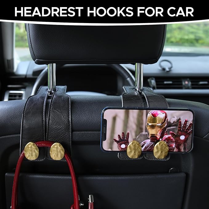 2PCS Leather Car Seat Hooks for Headrest, Vehicle Hanger Storage Organizer Universal for Handbag Purse, Car Accessories Gift (Black-Gold)