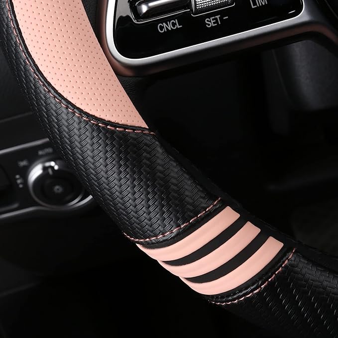 Car Steering Wheel Covers for Women Girl Padded Carbon Fiber PU Leather Cute Cartoon Auto Interior Accessories for Jeep, Truck, Universal, Anti Slip, Pink, Large Size, 15.2-16in