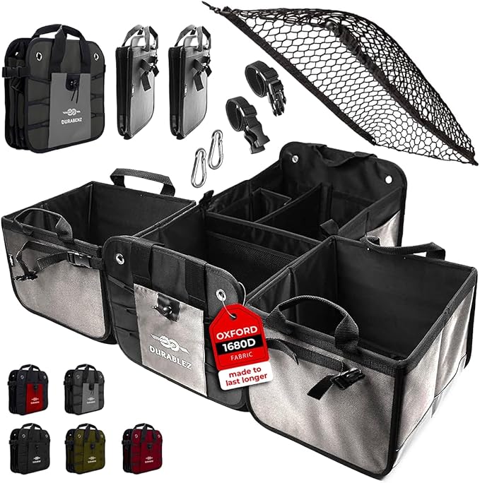 Modular 4-Section XL Trunk Organizer – Car Storage for Groceries, Tools, Sports Gear, Emergency Kits – Extra Large Multi-Compartment Cargo Box, Collapsible & Heavy Duty – Gray