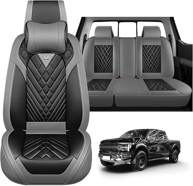 Full Set Car Seat Covers for Ford F-150 F-250 F-350 XL XLT STX Lariat King Ranch Platinum Raptor Waterproof Seat Covers 2009-2025, Anti-Slip Seat Protectors(Luxury 5 Seats/Gray Black)