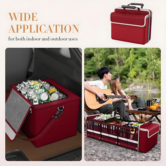 Large Trunk Organizer for SUV with Premium Portable Cooler Bag, Car Organizers and Storage with Foldable Cover, Collapsible Car Trunk Bed Organizer for Truck, 2 Retractable Straps, 90L+20L, Wine Red-C