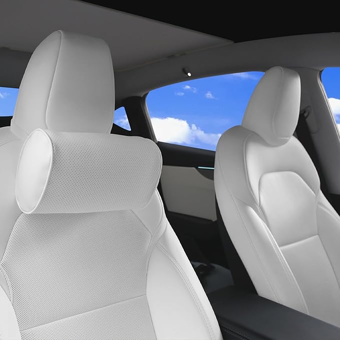 Car Headrest Pillow for Driving - Luxury Leather 100% Memory Foam, Ergonomic Neck Support - Universal Fit Head Rest Travel Pillow for Most Cars, Home & Office, White, 1 Pack