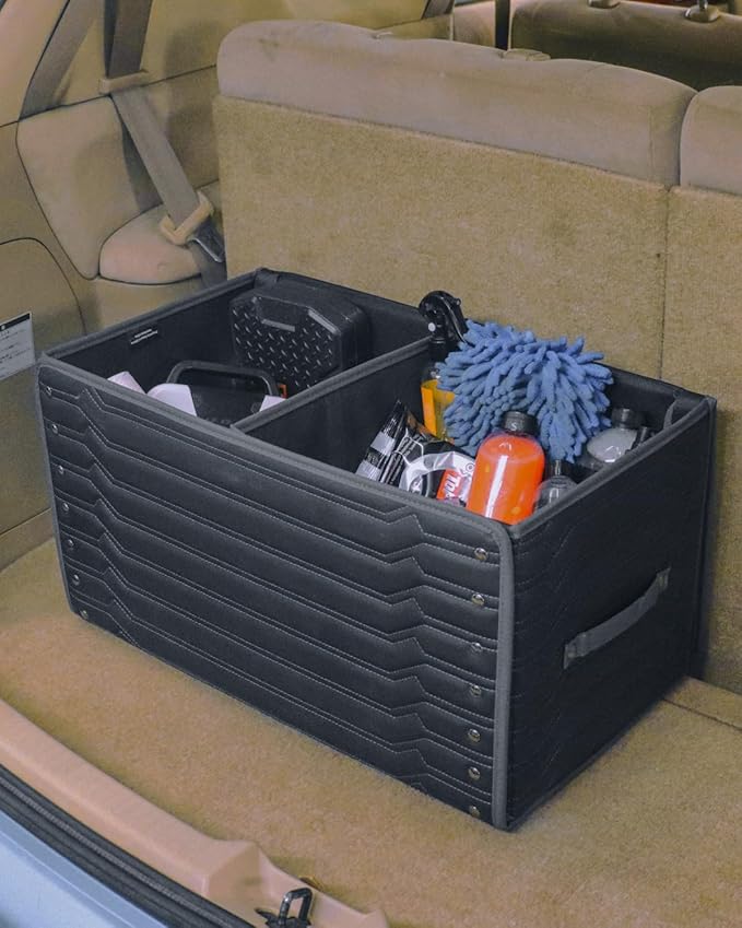 Owleys Trunk Storage 17.7" Collapsible Crate For Groceries, Tools & Travel Gear - Eco-Leather Car Organizer With Magnetic Lid - Practical Birthday Gift For Men (Highway 17)