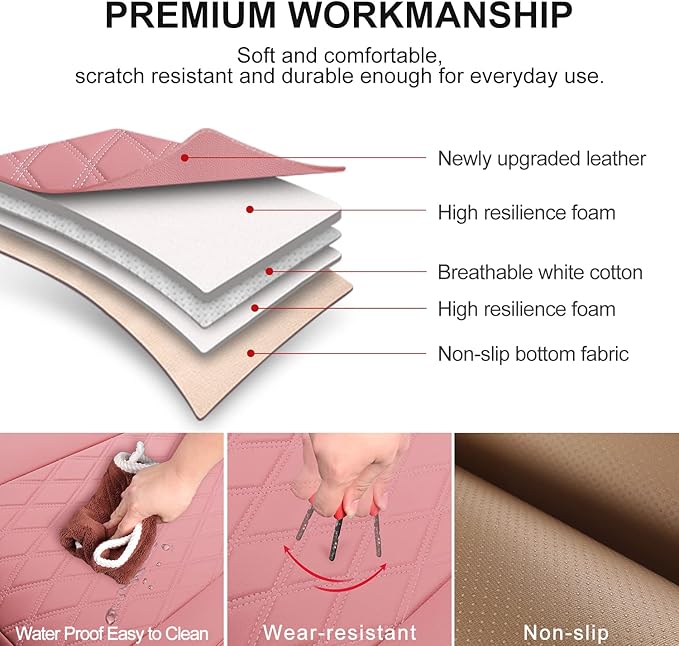 2 Pack Leather Front Car Seat Cover Bottom Car Seat, Anti-Slip and Full Wrap Driver Car Seat Protectors with Storage Pocket, Luxury Waterproof Bottom Auto Seat Cushion Pad Mat for Most Vehicles(Pink)