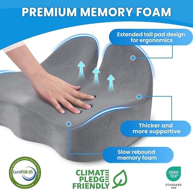 Seat Cushion, Memory Foam Office Chair Seat Cushion for Office Chairs/Car/Long Trip/Desk Chair/Gaming, X-Large Size for Sciatica & Hip & Tailbone Pain Relief, Sciatica Support (Light Gray)