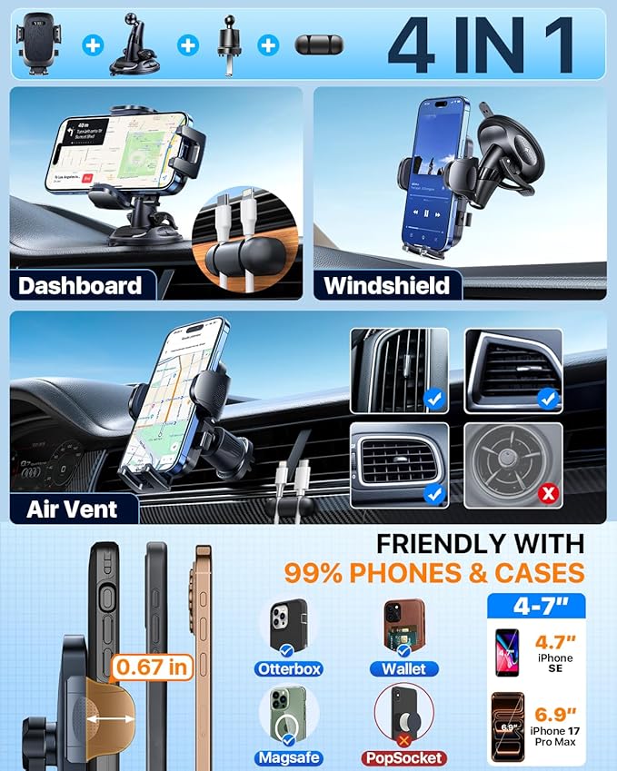 [Military-Grade Anti-Shake & 360° Rotatable Suction] 2026 Upgraded Car Phone Holder Mount【90+LBS Safest Strongest & Patent Certs】Dashboard Windshield Vent for iPhone 17 16 15 Pro Max Samsung, Black