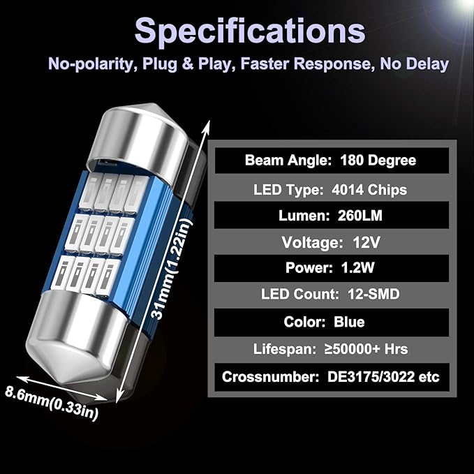 XINYANG 2PCS DE3175 Festoon LED Car Bulb 31mm 1.22in Canbus No Error LED Light Bulb Extremely Bright 12SMD 4014 Chipsets DE3021 LED Lamp for License Plate Dome Map Door Courtesy Lights,Blue