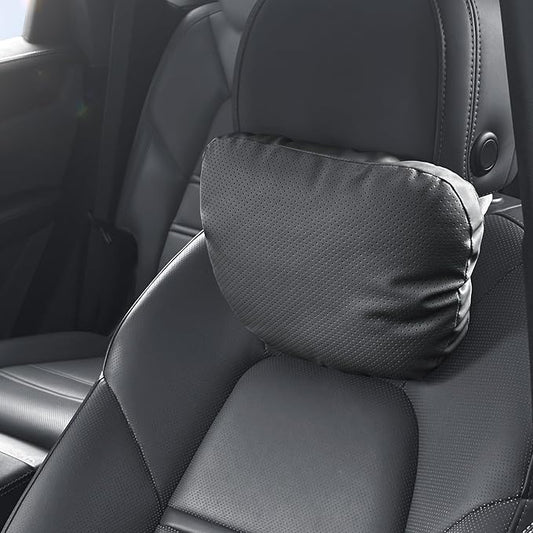 2 Pack Car Neck Pillows, PU Leather Car Headrest Support with Adjustable Strap, Ergonomic Dupont Bio Cotton Head Rest Pillow for Road Trips & Daily Commutes (Black, Soft Style)