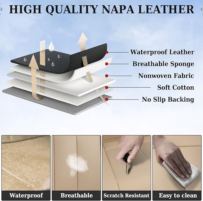 Coverado Car Seat Covers Beige, Backseat Cover for Dogs, Car Seat Protector for Back Seat, Car Seat Cushion Nappa Leather, 3-Pieces Waterproof Seat Covers Carseat Cover Universal Fit for Most Cars