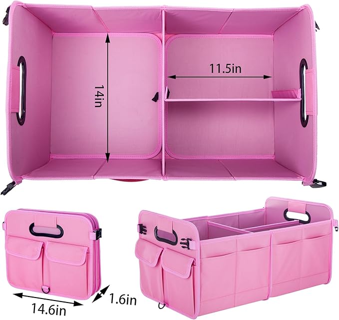 Trunk Organizer For Suv & Sedan,Car Organizers and Storage, Waterproof Collapsible & Adjustable Straps,75L Sturdy Car Organization for Car Accessories, Tools,Sundries,2-3 Compartment（Pink）