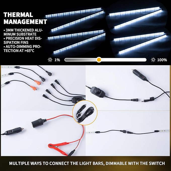 12V LED Interior Light Bar Kit, 4 Bars White Adjustable Brightness RV Camping Lights - Waterproof IP67, Magnetic & Velcro Mount, Portable Lighting for Tent, Car, Trailer, Boat, Truck, Off-Road, Cabin