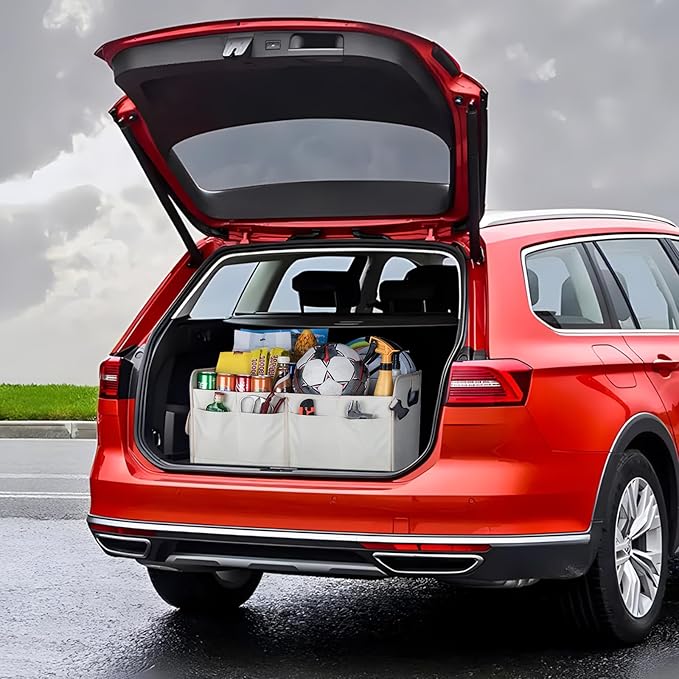 Trunk Organizer For Suv & Sedan,Car Organizers and Storage, Waterproof Collapsible & Adjustable Straps,Sturdy Car Organization for Car Accessories, Tools,Food，Sundries,2-3 Compartment（Beige）