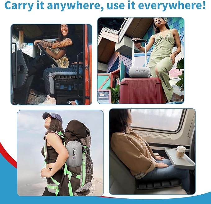 Inflatable Travel Seat Cushion with Built-in Pump & Carry Bag (Grey Cushion with Silver Storage Bag)