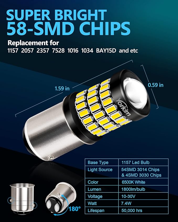 Yorkim 1157 LED Bulbs white Super Bright, 1157 Brake Light Bulb, 9-30V 1157 2057 2357 7528 BAY15D LED Bulb with Projector Replacement for Back Up Reverse Lights or Tail Lights - White