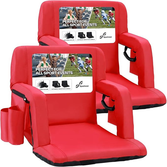Sportneer Stadium Seats with Back Support: 2.5'' Thick Comfy Cushion 6 Adjustable Angle Bleacher Seat with Armrest - 2 Large Pockets, 2 Cup Holders Stadium Chair for Sport Events Concerts Parks