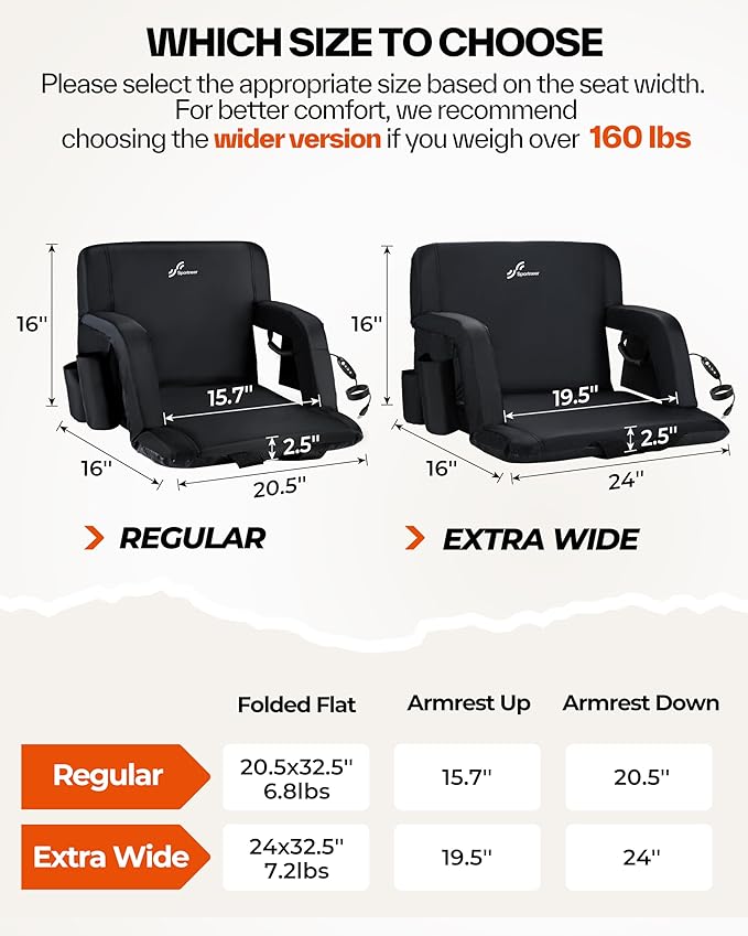 Sportneer Heated Stadium Seats with Back Support: 6 Adjustable Angles Extra Wide Bleacher Seat with Dual Heating Zones - 2.5" Padded Stadium Seats for Sports Outdoors, 2 Pack