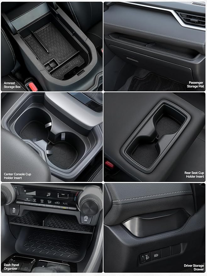 ELECFRESH 6PCS Center Console Organizer Tray for 2025 2024-2019 Toyota RAV4 Accessories, Armrest Storage Box, Driver Storage Drawer, Passenger Storage Mat Console Cup Holder Inserts for Toyota RAV4