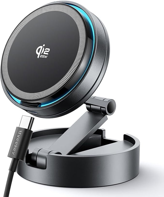 THREEKEY for【Qi2 25W Certified】 MagSafe Car Mount Charger with Cooling Fan&LED Light, 360° Rotating Fast Wireless Charger & Phone Holder for iPhone 17-12, Galaxy S25 | 30W Adapter Included