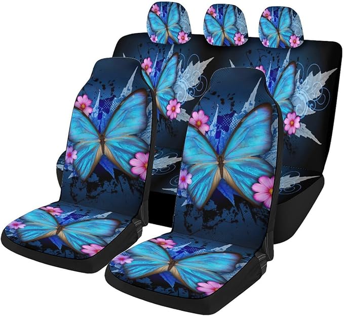 5 Pcs Premium Blue Butterflies Car Seat Cover, Breathable & Washable Car Seat Covers Full Sets, Fashionable Printed Seat Covers for Cars Interior, Universal Fit for Most Cars, Sedan, Truck, SUV