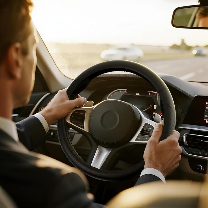 HOTOR Car Steering Wheel Cover - Universal Car Accessory for Diverse Cars, Leather Cover with Anti-Slip Lining, for Steering Wheel with a Diameter of 14.5"-15",Black