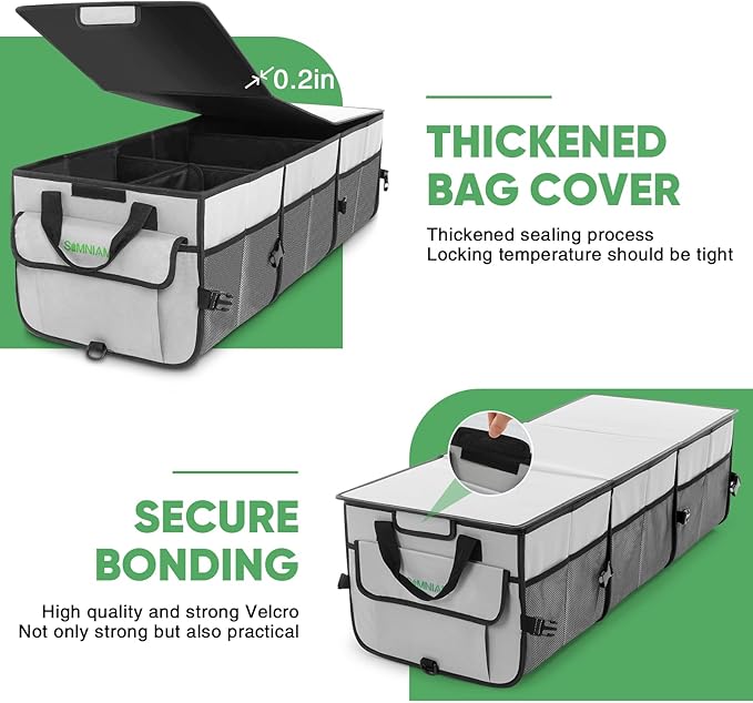 Simniam Car Trunk Organizer with Insulated Grocery Bag- 110L High Capacity Car Storage Box, with 4 Compartments, Reflective Strip, Cover, for Auto, SUV, Truck, Minivan