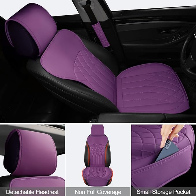 2 Pack Leather Front Car Seat Covers, Universal Sideless Car Seat Protectors with Storage Pocket and Seat Belt Pads, Waterproof Automotive Seat Cover for Cars Trucks SUV(Purple)