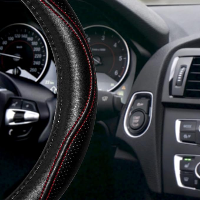 HAOKAY Top Grade Black Genuine Leather Steering Wheel Cover Women Men, Luxury Steering Wheel Cover for Cars, SUVS and Trucks, Universal 14.5-15 inch